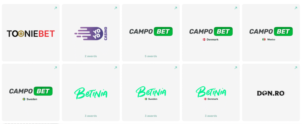 Logos of online casino brands like CampoBet, Betinia, ToonieBet, and YoYo Casino, with country-specific versions and awards shown. 